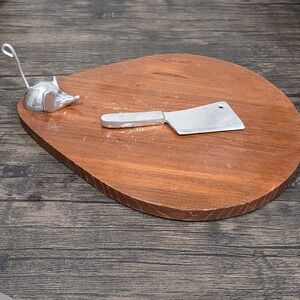 Vintage Wood Cheese Board with Mouse Figurine and Spreader Knife Set 60's Rare